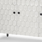 47" White and Gray Wood and Metal Carved Geometric Accent Cabinet With Three Doors