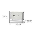 47" White and Gray Wood and Metal Carved Geometric Accent Cabinet With Three Doors