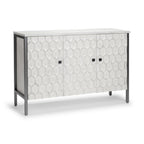 47" White and Gray Wood and Metal Carved Geometric Accent Cabinet With Three Doors