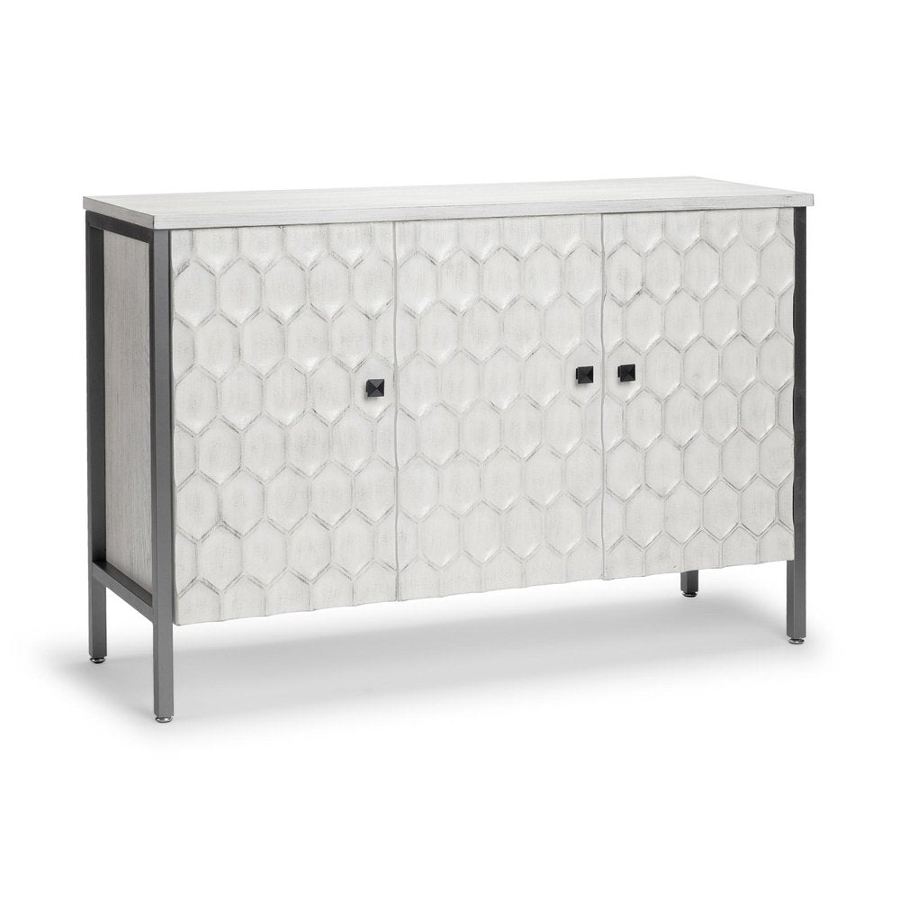 47" White and Gray Wood and Metal Carved Geometric Accent Cabinet With Three Doors