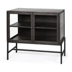 36" Brown and Black Solid Wood and Metal Display Cabinet With Two Doors