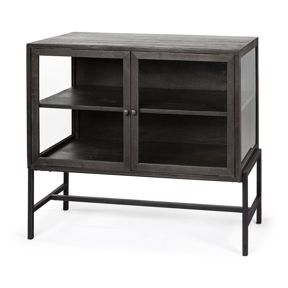 36" Brown and Black Solid Wood and Metal Display Cabinet With Two Doors