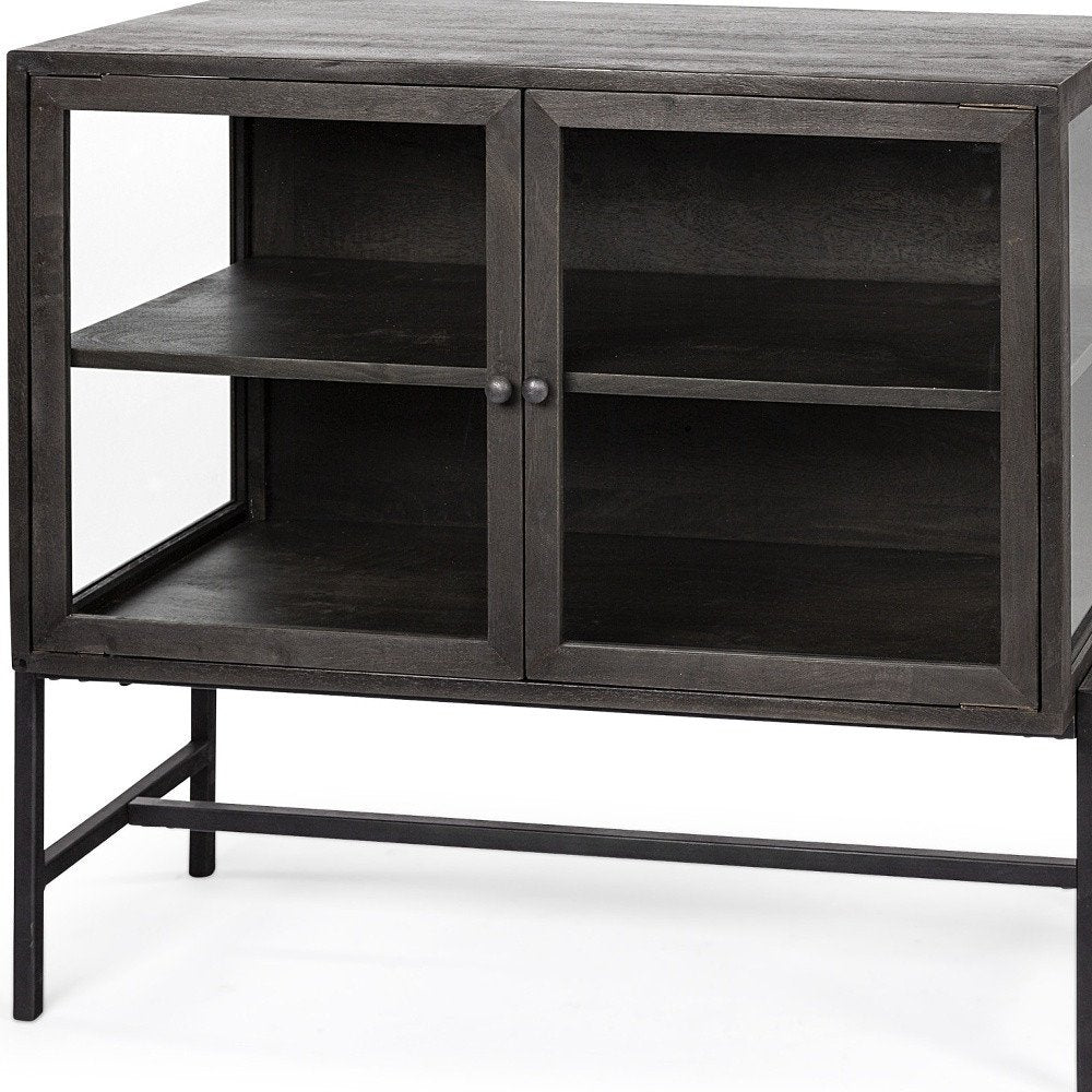 36" Brown and Black Solid Wood and Metal Display Cabinet With Two Doors