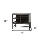36" Brown and Black Solid Wood and Metal Display Cabinet With Two Doors