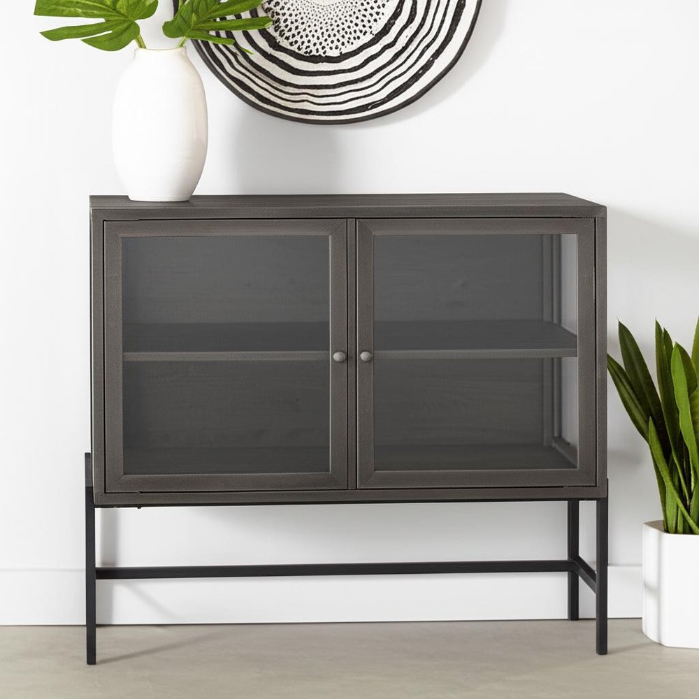 36" Brown and Black Solid Wood and Metal Display Cabinet With Two Doors
