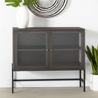 36" Brown and Black Solid Wood and Metal Display Cabinet With Two Doors