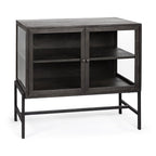 36" Brown and Black Solid Wood and Metal Display Cabinet With Two Doors