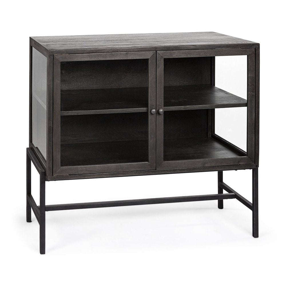 36" Brown and Black Solid Wood and Metal Display Cabinet With Two Doors