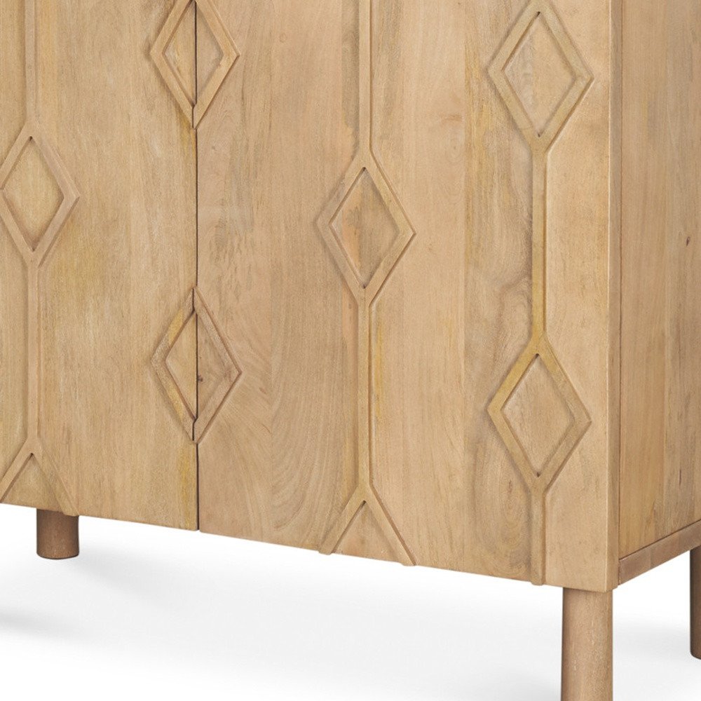 36" Natural Solid Wood Carved Geometric Accent Cabinet With Two Doors