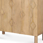 36" Natural Solid Wood Carved Geometric Accent Cabinet With Two Doors