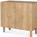 36" Natural Solid Wood Carved Geometric Accent Cabinet With Two Doors