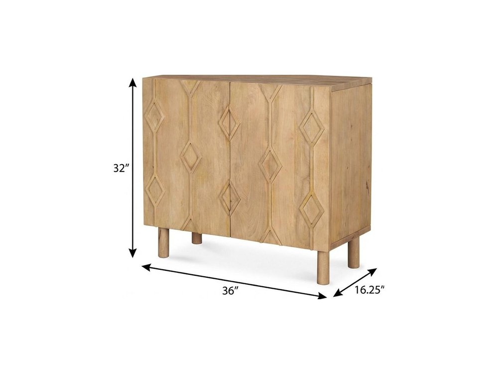 36" Natural Solid Wood Carved Geometric Accent Cabinet With Two Doors