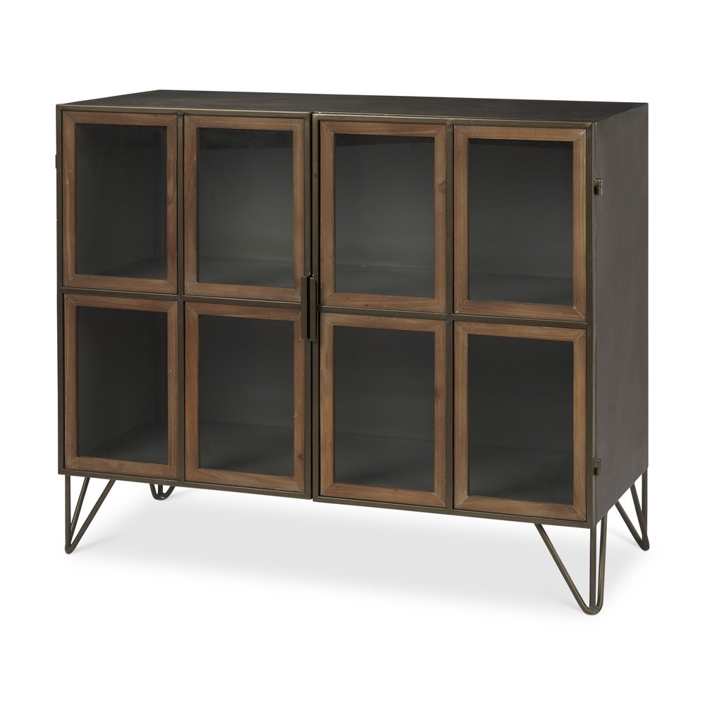 37" Antiqued Brass and Brown Metal and Solid Wood Accent Cabinet With Two Doors