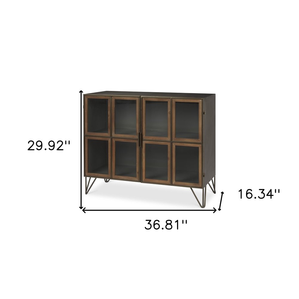 37" Antiqued Brass and Brown Metal and Solid Wood Accent Cabinet With Two Doors