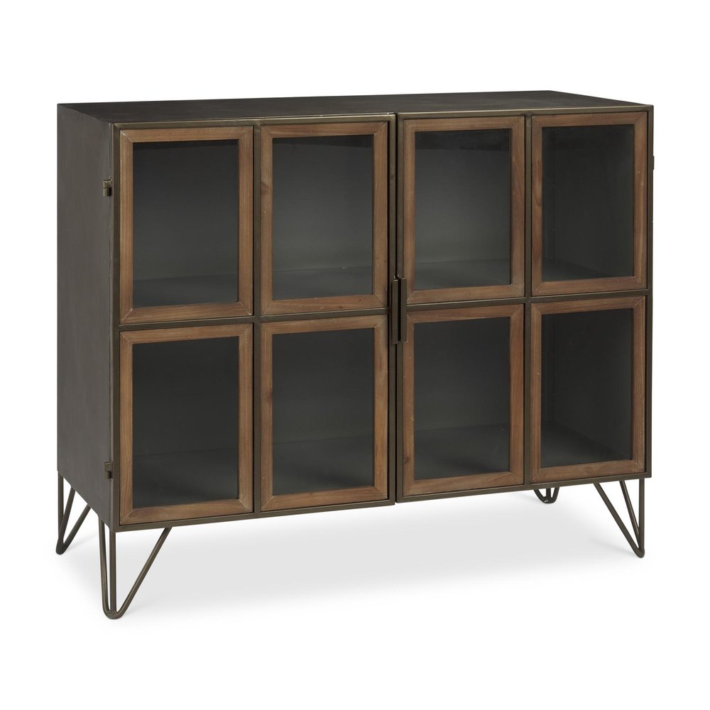 37" Antiqued Brass and Brown Metal and Solid Wood Accent Cabinet With Two Doors