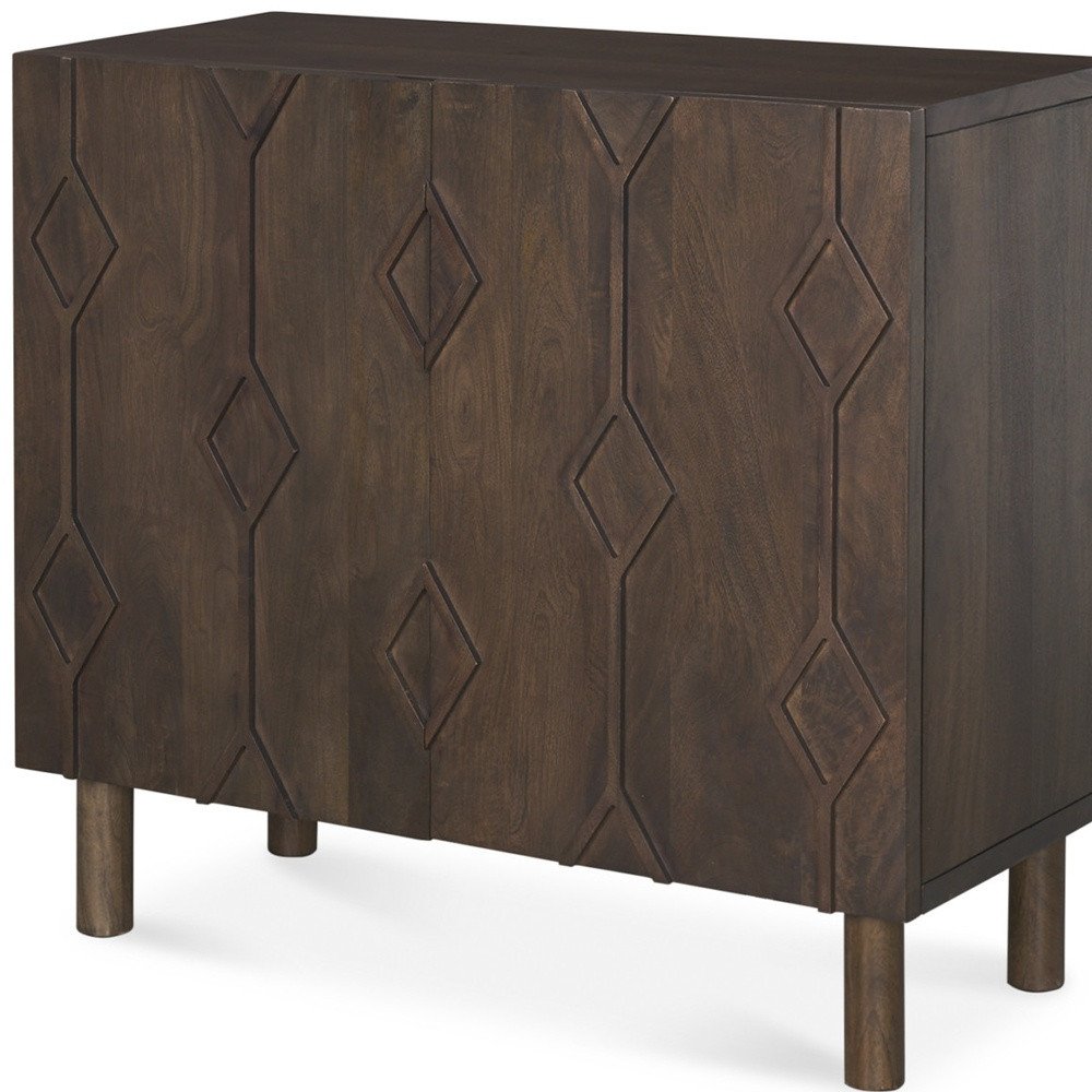 36" Dark Brown Solid Wood Carved Geometric Accent Cabinet With Two Doors