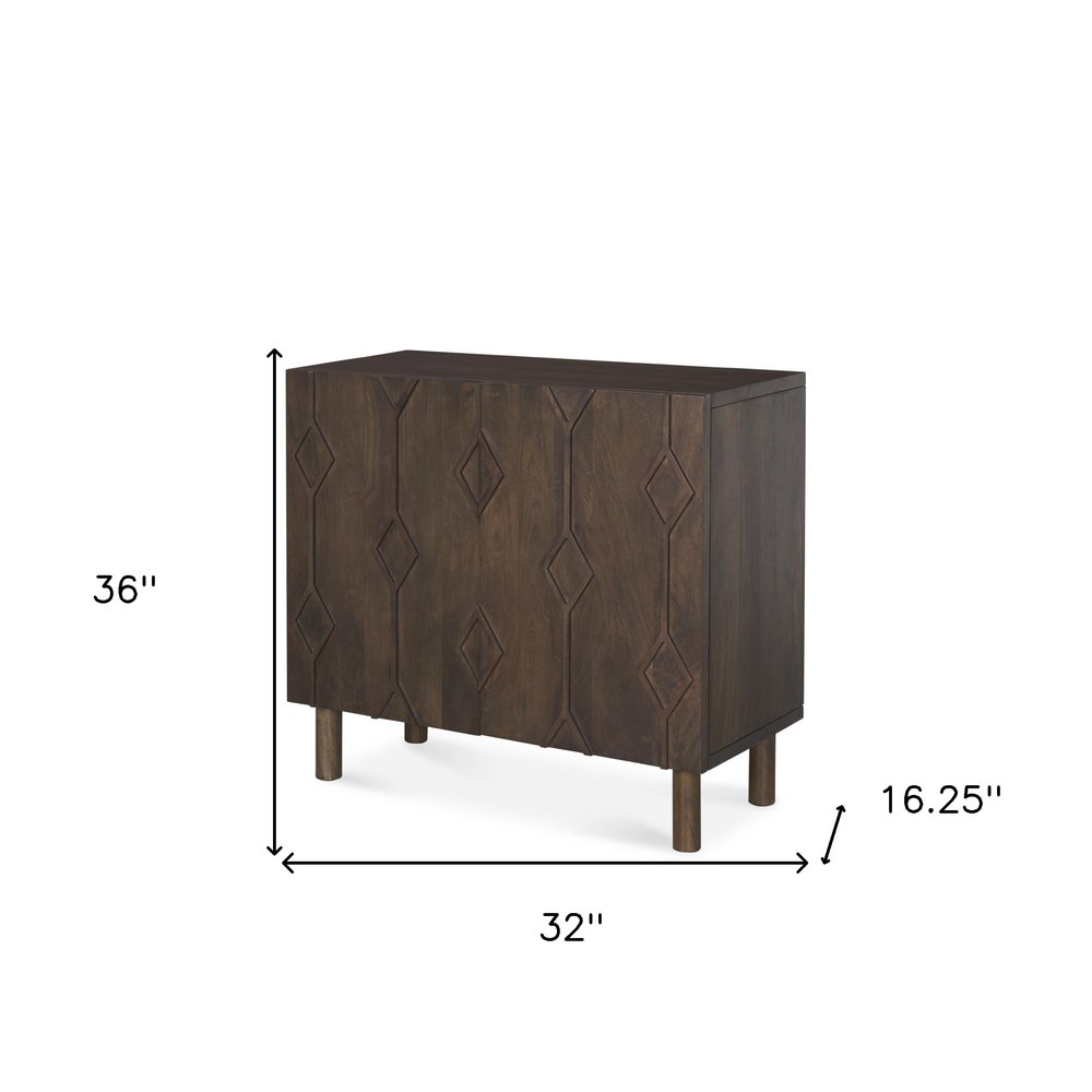 36" Dark Brown Solid Wood Carved Geometric Accent Cabinet With Two Doors