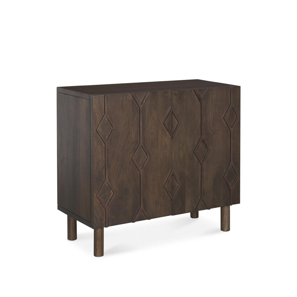 36" Dark Brown Solid Wood Carved Geometric Accent Cabinet With Two Doors