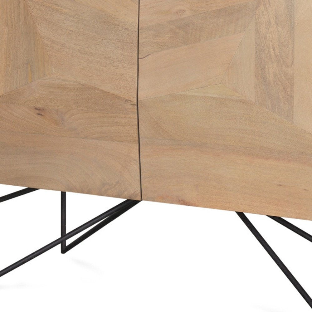 44" Natural and Black Solid Wood and Metal Carved Geometric Accent Cabinet With Two Doors