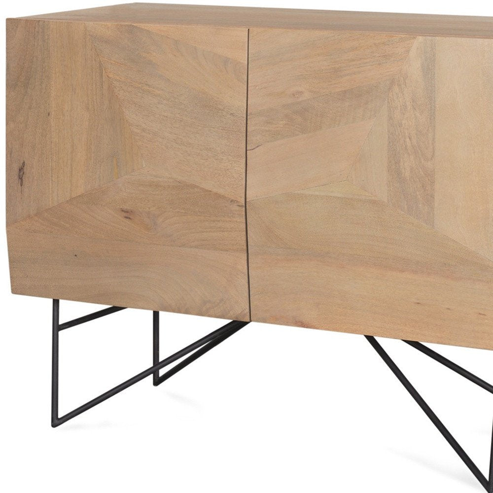 44" Natural and Black Solid Wood and Metal Carved Geometric Accent Cabinet With Two Doors