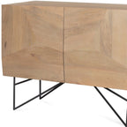 44" Natural and Black Solid Wood and Metal Carved Geometric Accent Cabinet With Two Doors