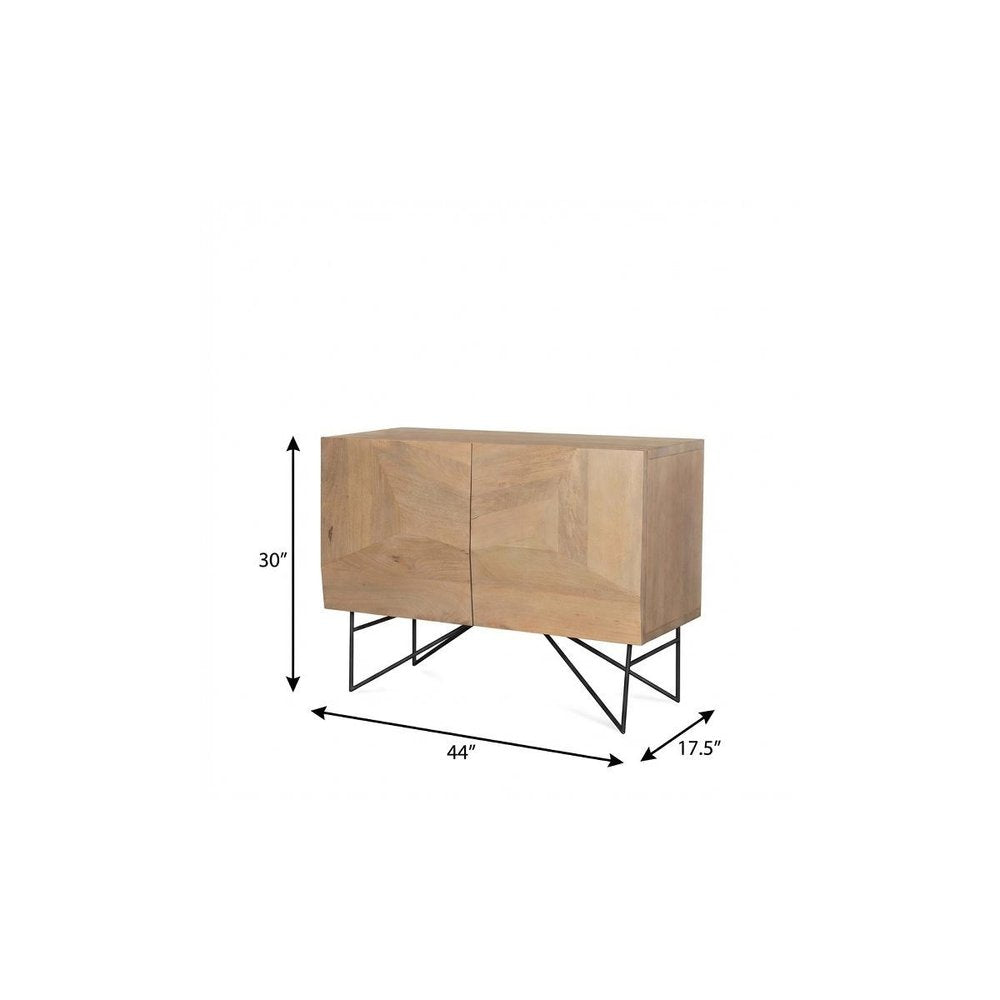 44" Natural and Black Solid Wood and Metal Carved Geometric Accent Cabinet With Two Doors