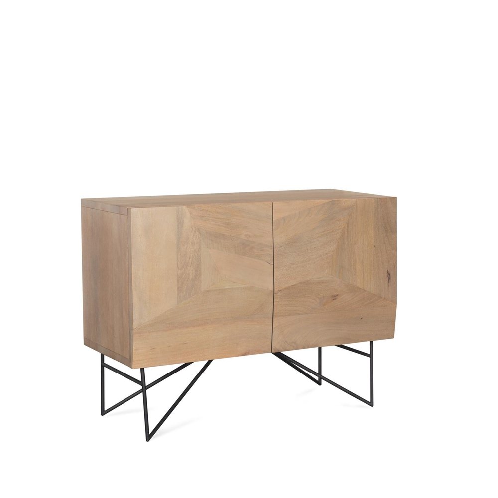 44" Natural and Black Solid Wood and Metal Carved Geometric Accent Cabinet With Two Doors