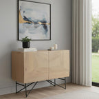 44" Natural and Black Solid Wood and Metal Carved Geometric Accent Cabinet With Two Doors