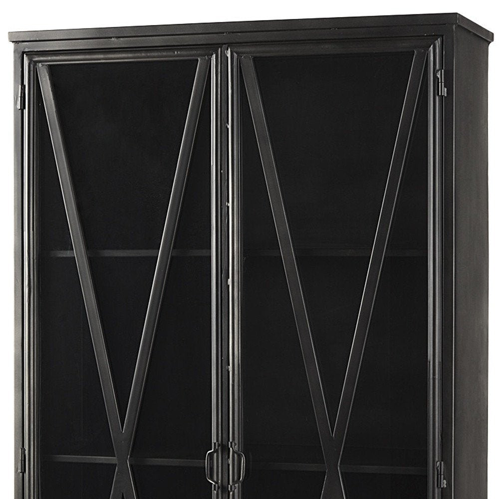 38" Black Glass and Metal Display Cabinet With Two Doors