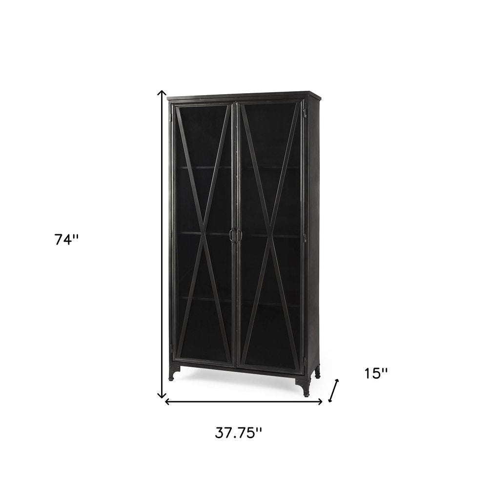 38" Black Glass and Metal Display Cabinet With Two Doors