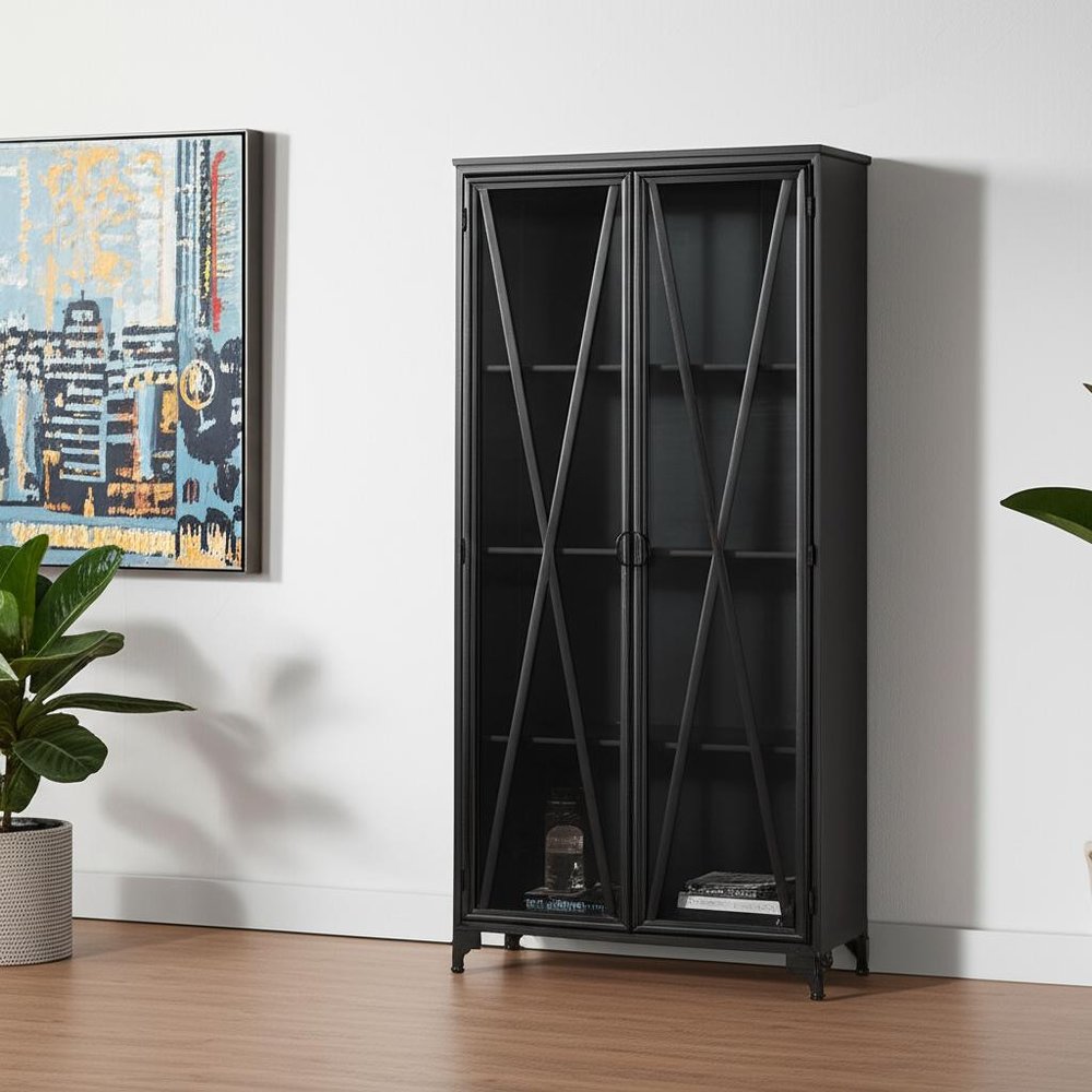 38" Black Glass and Metal Display Cabinet With Two Doors