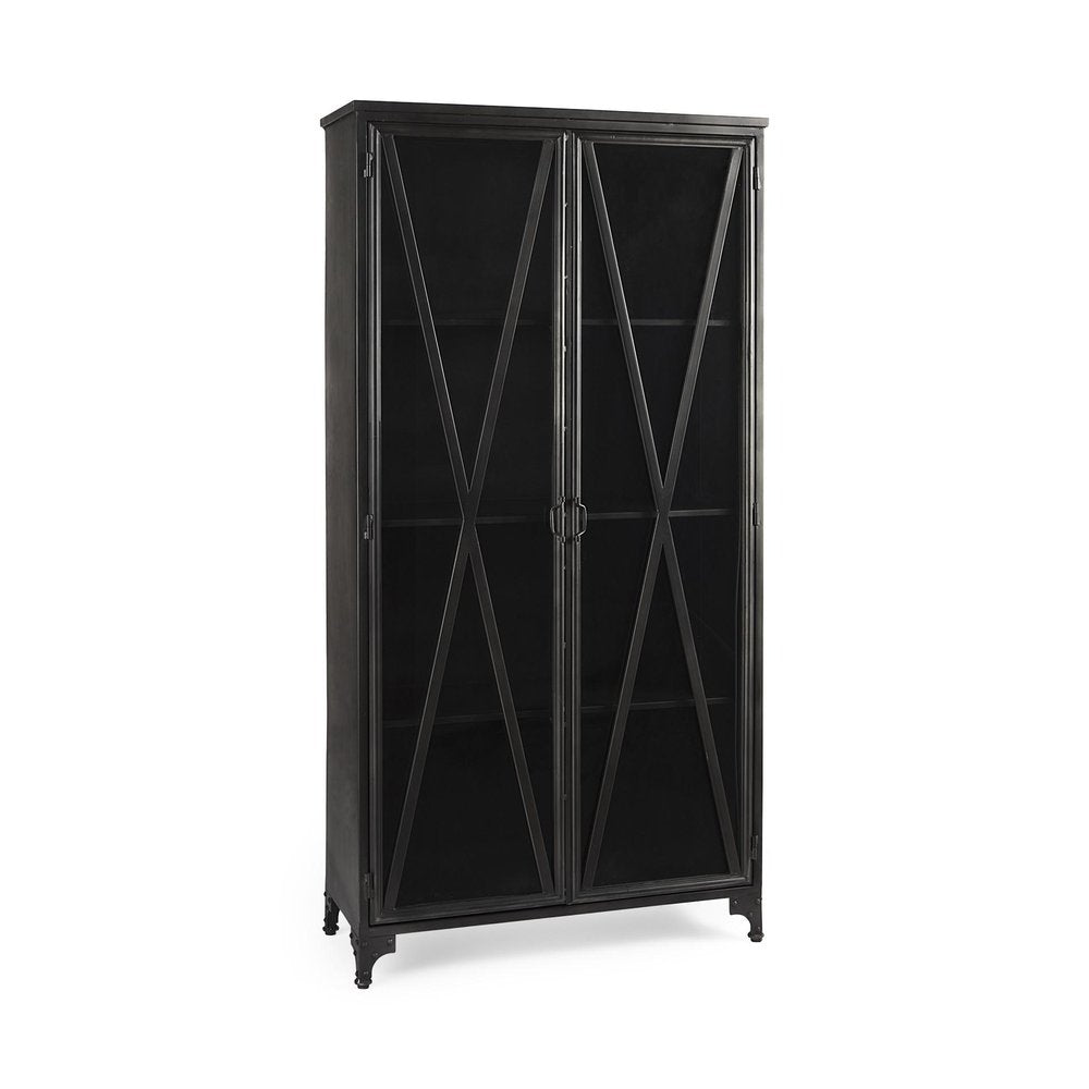 38" Black Glass and Metal Display Cabinet With Two Doors