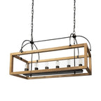 Natural And Black Candle Style Six Light Wood and Metal Dimmable Chandelier