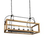 Natural And Black Candle Style Six Light Wood and Metal Dimmable Chandelier