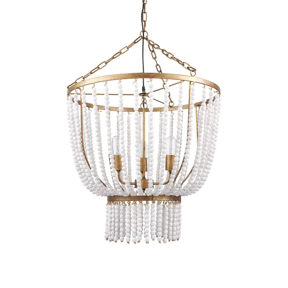 Gold And White Empire Three Light Metal and Beads Dimmable Chandelier