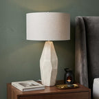 30" Cream Round Bedside Lamp With Drum Shade