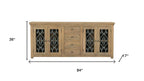 84" Natural Distressed Solid Wood Four Drawer Sideboard Soft Close with Four Glass Doors