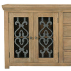 84" Natural Distressed Solid Wood Four Drawer Sideboard Soft Close with Four Glass Doors