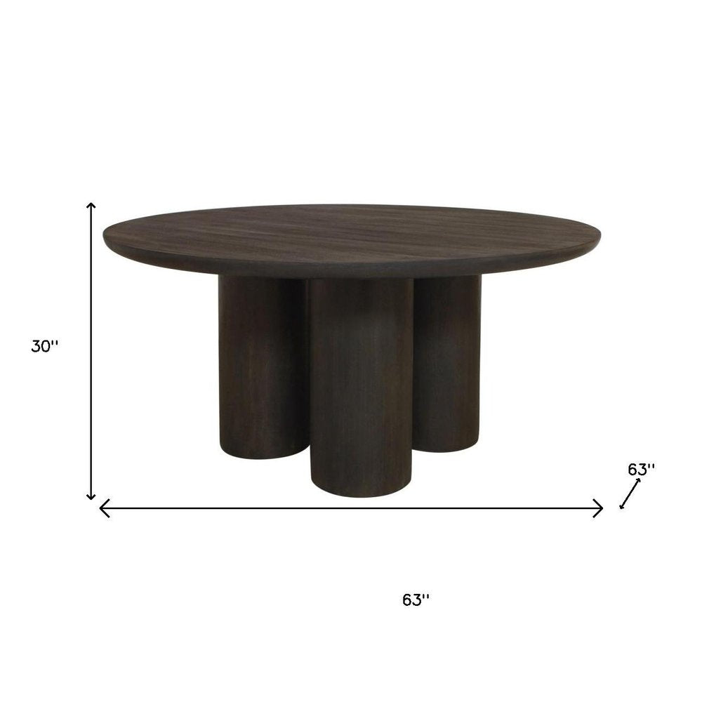 Seven Piece Dark Brown Round Solid Wood Dining Set with Six Chairs