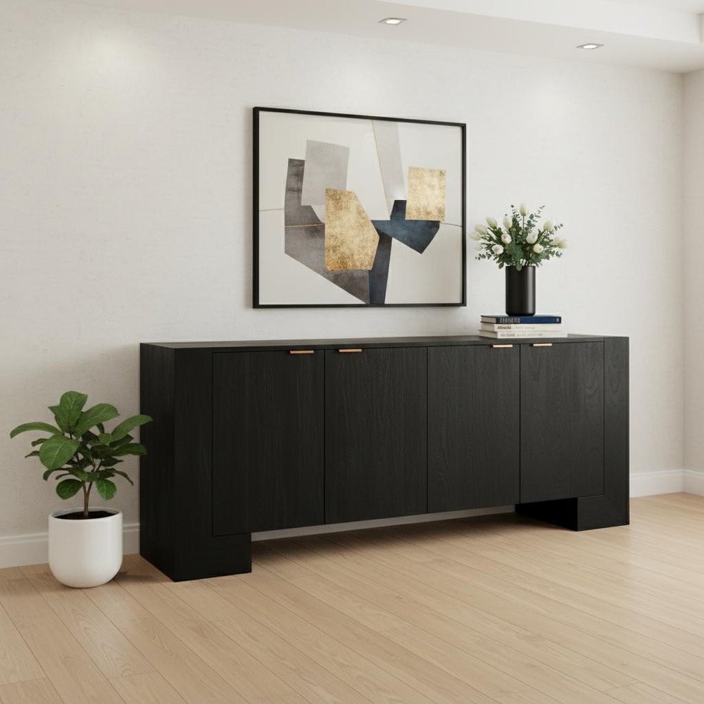 86" Charcoal Distressed Solid Wood Sideboard with Four Doors