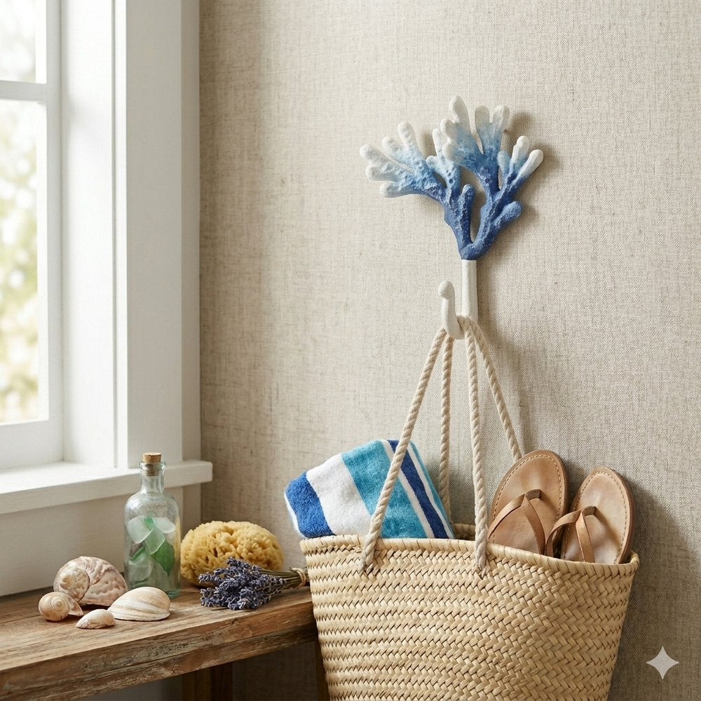 5" Blue And White Cast Iron Coral Wall Hook