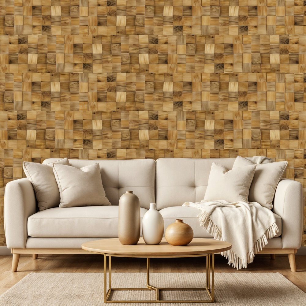 Brown 3D Embossed Block Teak Reclaimed Wood Decorative Wall Panels