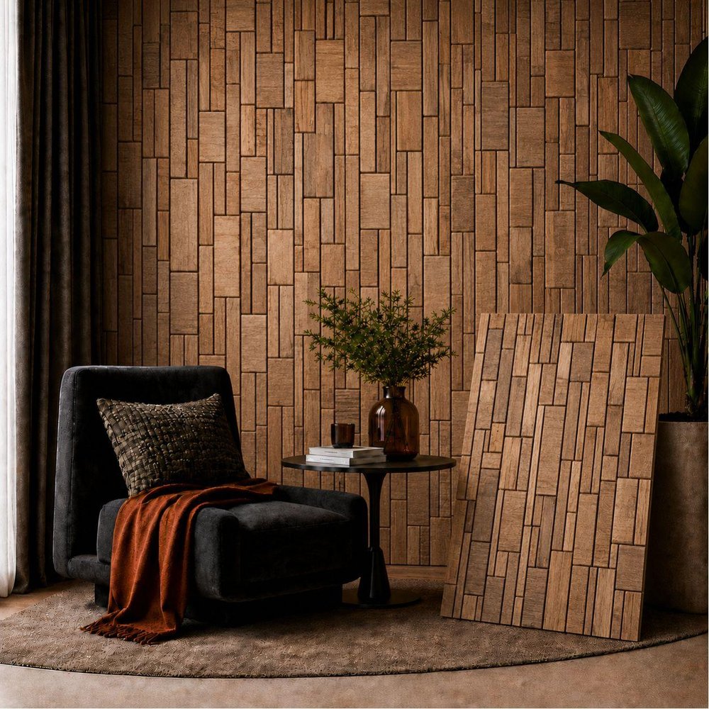 Brown 3D Embossed Abstract Teak Reclaimed Wood Decorative Wall Panels