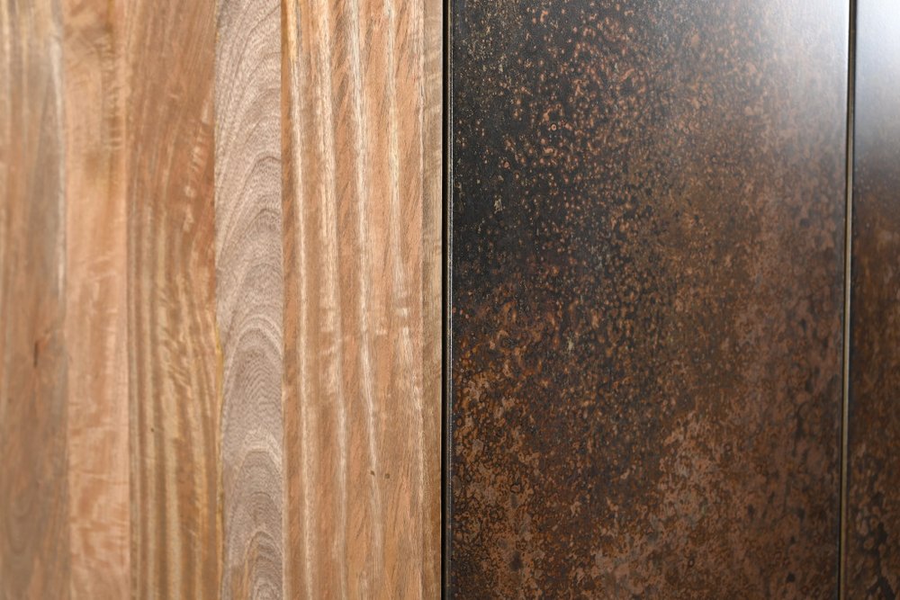 32" Copper and Black Solid Wood and Iron Accent Cabinet With Two Doors