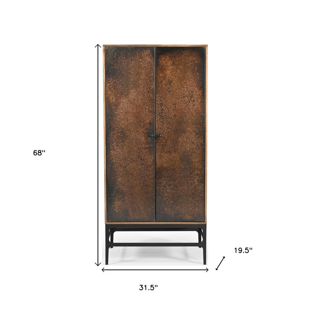 32" Copper and Black Solid Wood and Iron Accent Cabinet With Two Doors
