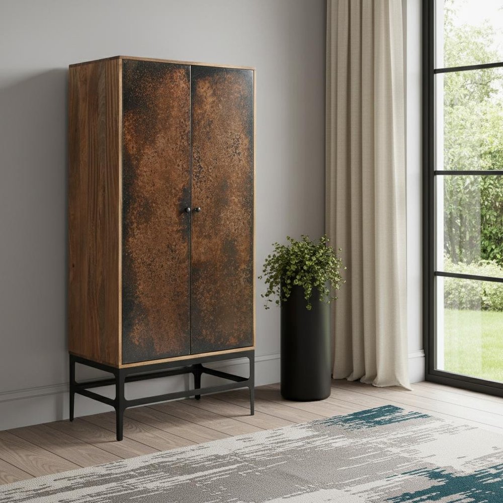 32" Copper and Black Solid Wood and Iron Accent Cabinet With Two Doors