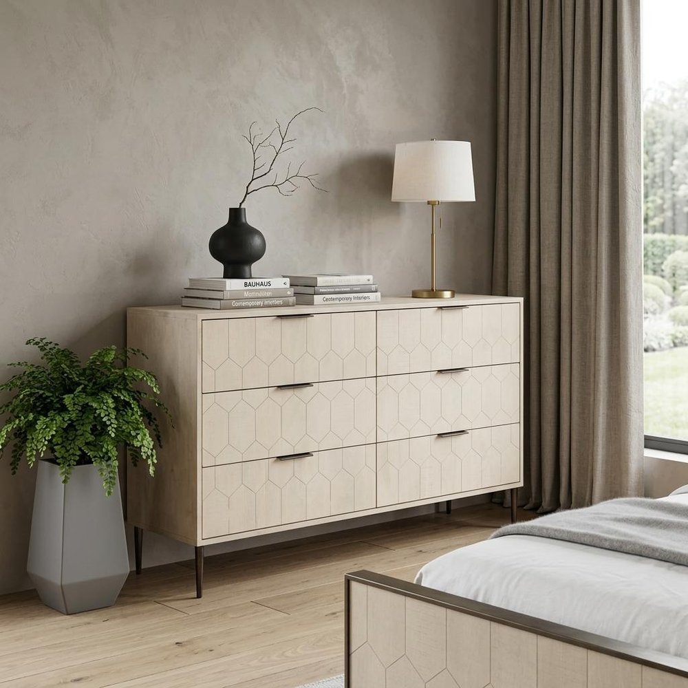 56" Natural Solid Wood Six Drawer Dresser