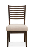 Set of Two Ivory And Dark Brown Linen And Solid Wood Slat Back Dining Side Chairs