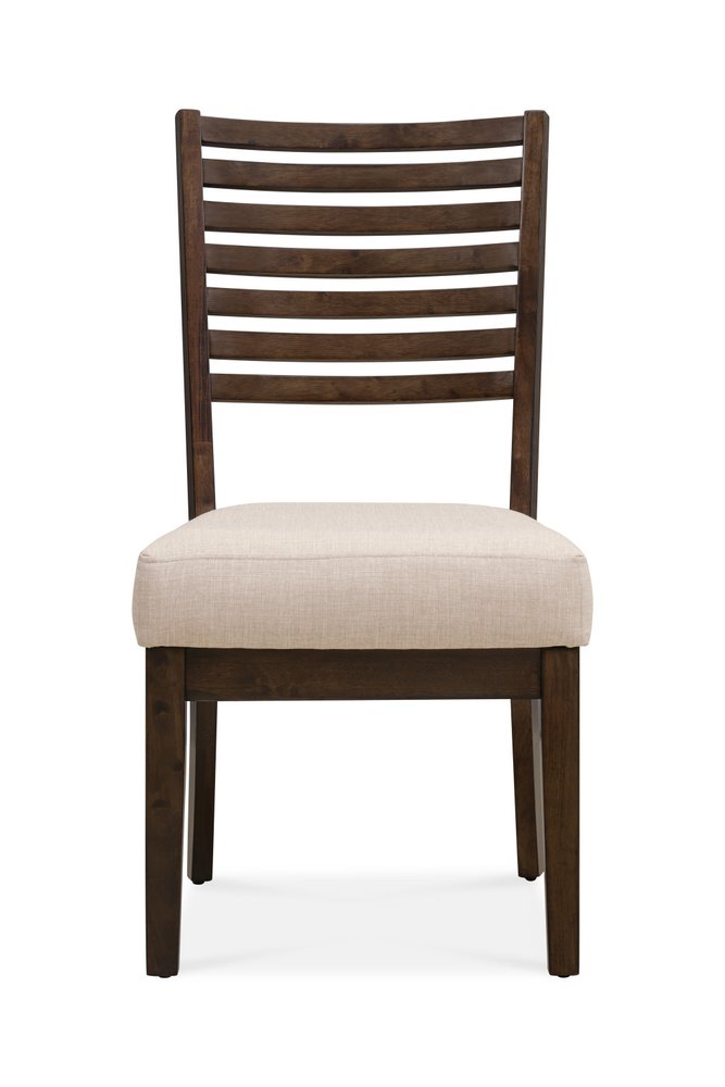 Set of Two Ivory And Dark Brown Linen And Solid Wood Slat Back Dining Side Chairs