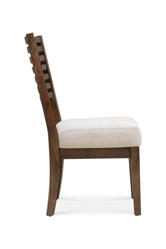 Set of Two Ivory And Dark Brown Linen And Solid Wood Slat Back Dining Side Chairs